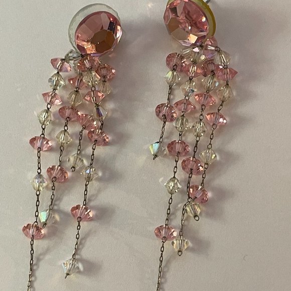 None Jewelry - Chandelier Earrings Pink and White Crystals